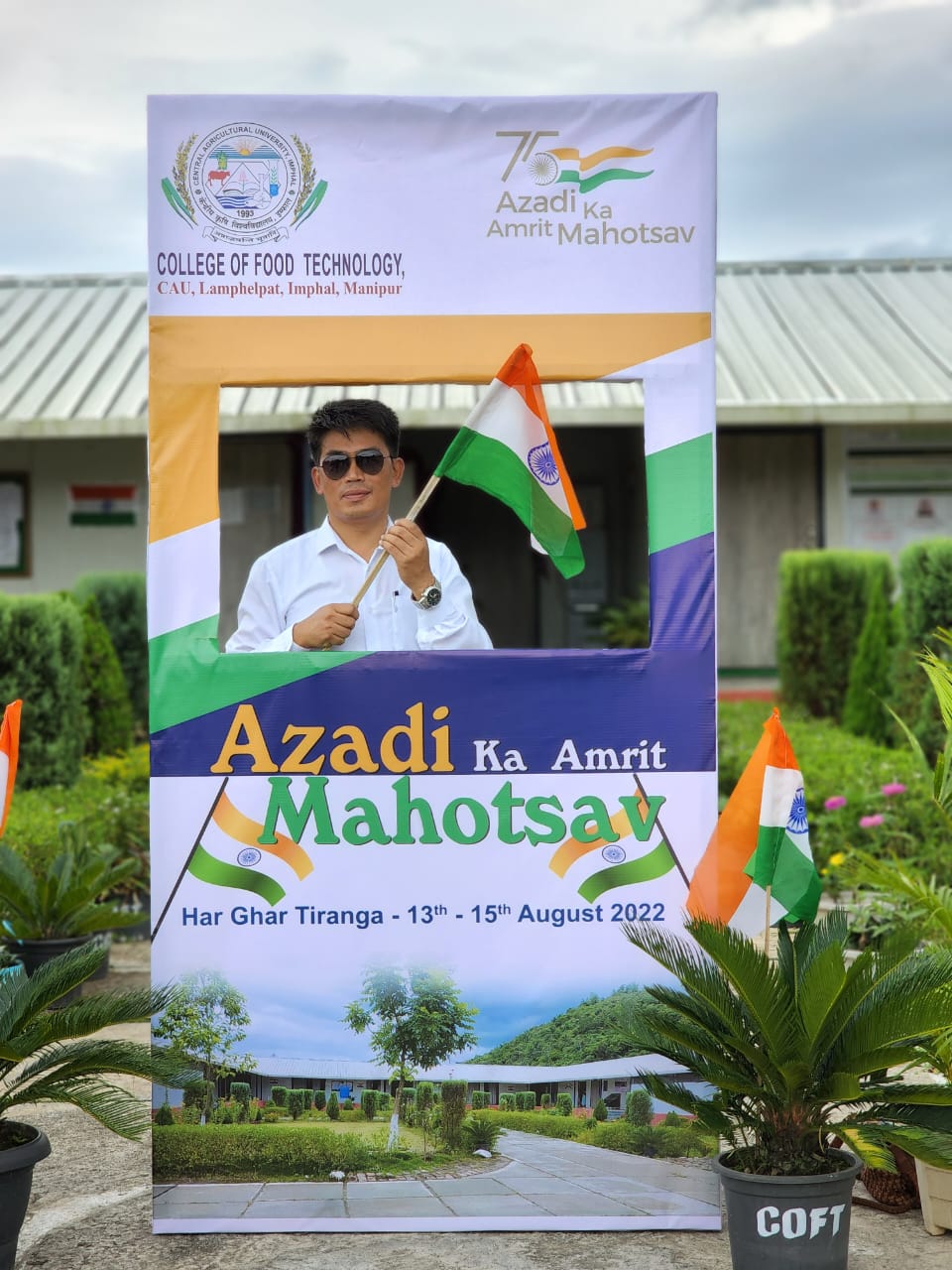 Dean i/c Dr. Ng. Joykumar Singh, College of Food Technology, CAU, Imphal and other staff of college at the photo booth in commemoration of Har Ghar Tiranga celebration as part of India’s 75 years of Independence.