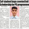 CoF Student bags coveted International Scholarship for PG Programme