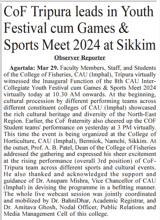 Media reports on 8th CAU Inter-Collegiate Youth Festival Games and Sports Meet, 2024